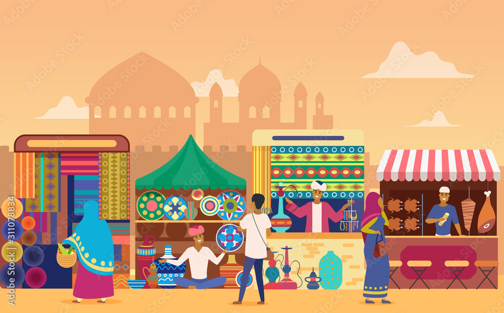 Indian street market at sunset flat vector illustration. Cartoon characters  shopping at outdoor marketplace. Cheerful vendors selling handmade home  decor goods. Sellers at stalls. Temples background Stock Vector | Adobe  Stock