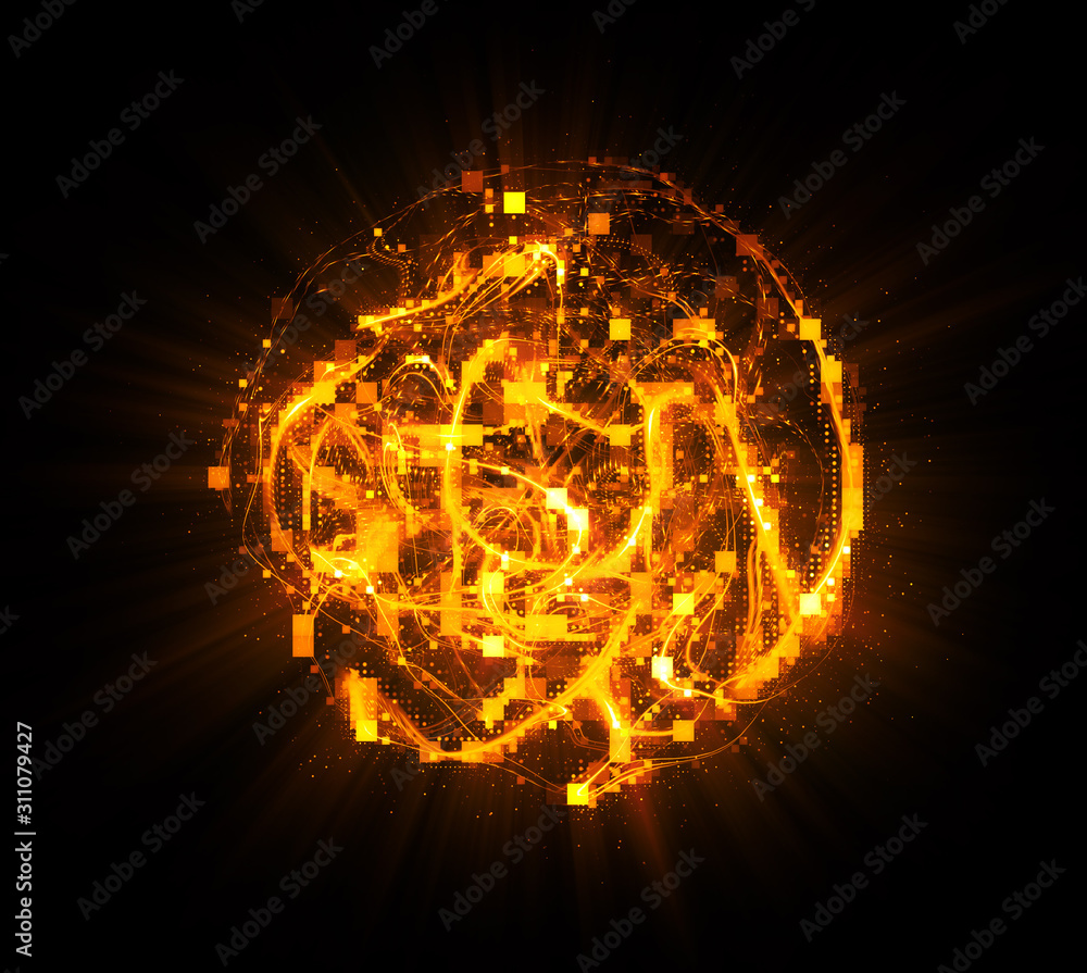 3D Atom icon. Luminous nuclear model on dark background. Glowing energy ...