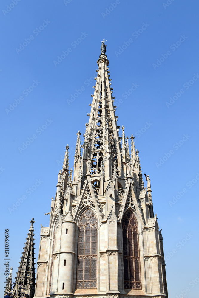 Ornate Gothic Stone Church Spire & Windows