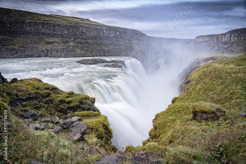 Gullfoss waterfall at sunrise is the biggest waterfall in Iceland