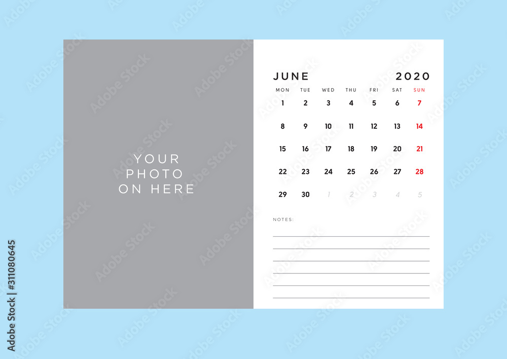 calendar 2020 template in custom size.