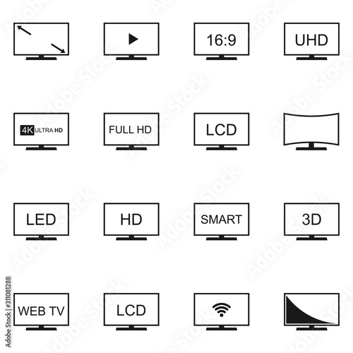 Vector tv icon set on white background, Isolated silhouettes television in flat style.