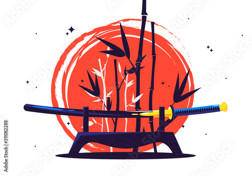 Vector illustration of a samurai Japanese sword on a stand against the silhouette of a bamboo grove and a red sun