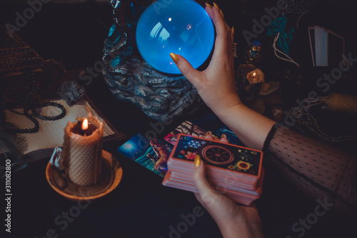 Konstfotografi Magical scene, esoteric concept, fortune telling, tarot cards on a table