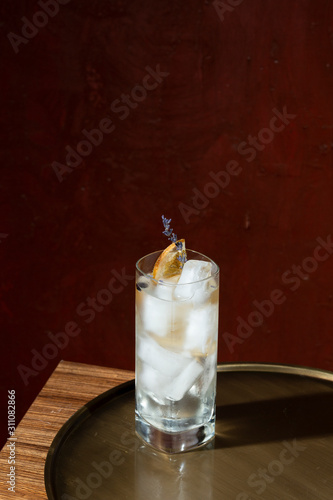 Photography Gin Tonic, a cocktail with gin and tonic water, garnished with charred lemon and