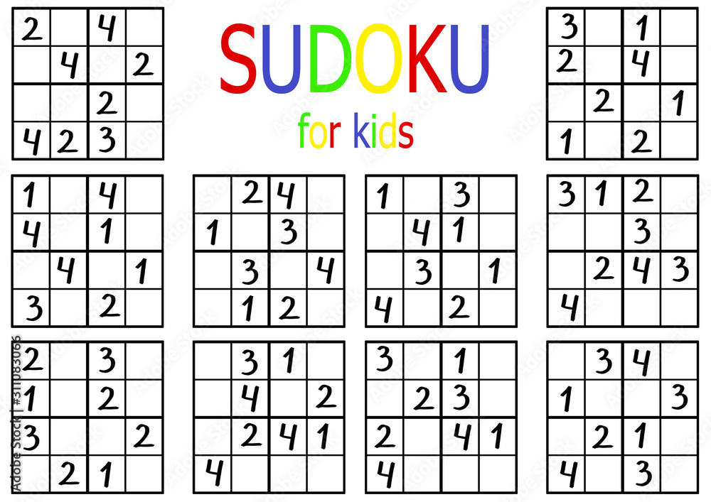 Sudoku set for kids and adults. Simple sudoku puzzle collection for beginners. Set 12. Printable handout for logic education of ten sudoku four by four. One of a ilustración de Stock