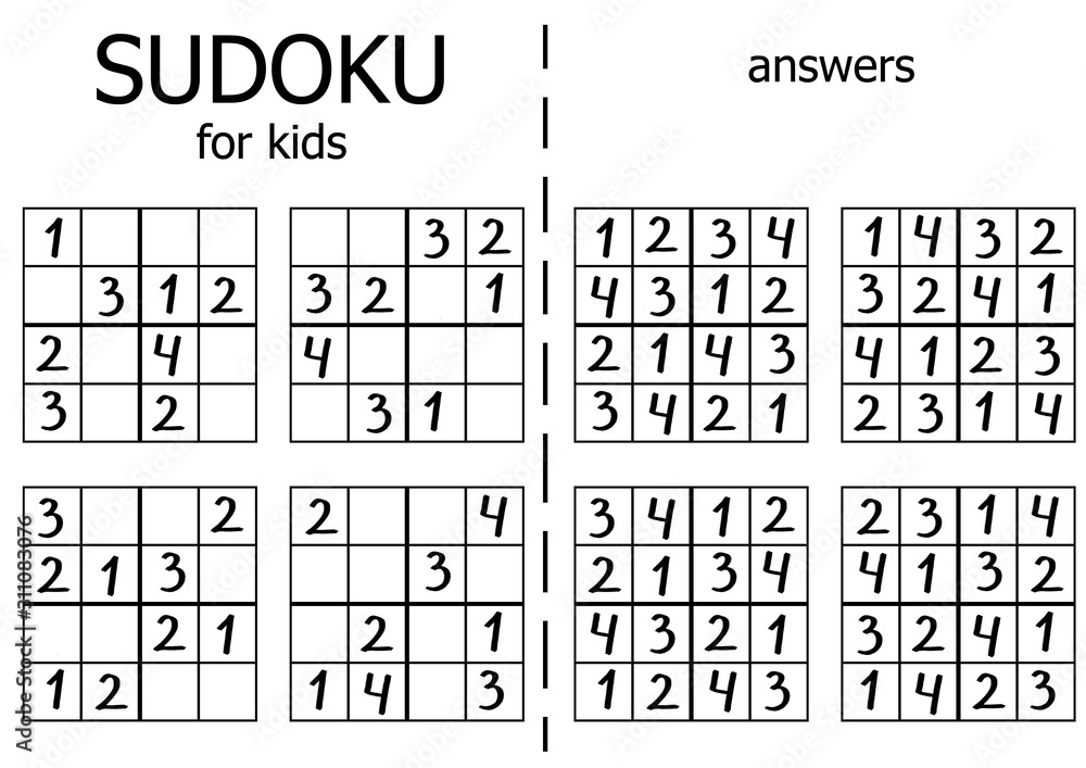 Set of 10 simple sudoku puzzles for beginners. Kids activity work sheet.  Black and white printable logical game for children. One of a series. Stock  Illustration | Adobe Stock