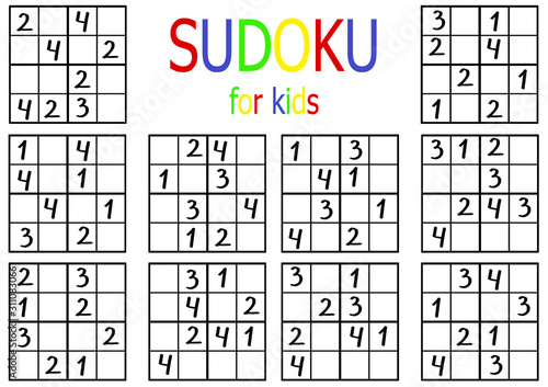 Sudoku set for kids and adults. Simple sudoku puzzle collection for beginners. Set 12. Printable handout for logic education of ten sudoku four by four. One of a series.