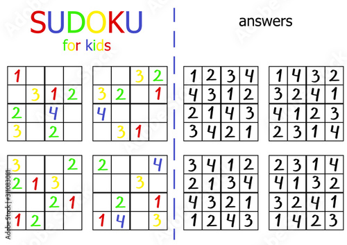 Sudoku puzzle for kids. Simple sudoku riddle for begginers with answers. Logical math game for fun.