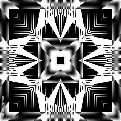 Geometric striped lines vector seamless pattern. Abstract black and white line art background. Repeat modern futuristic backdrop. Ornamental monochrome symmetrical design. Stripes  geometry shapes
