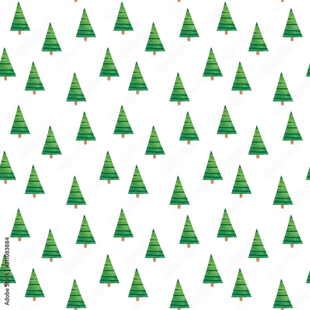 Watercolor Christmas tree seamless pattern. Isolated on white background.  Forest seamless Pattern with Christmas Symbol. Merry Christmas and Happy New Year.