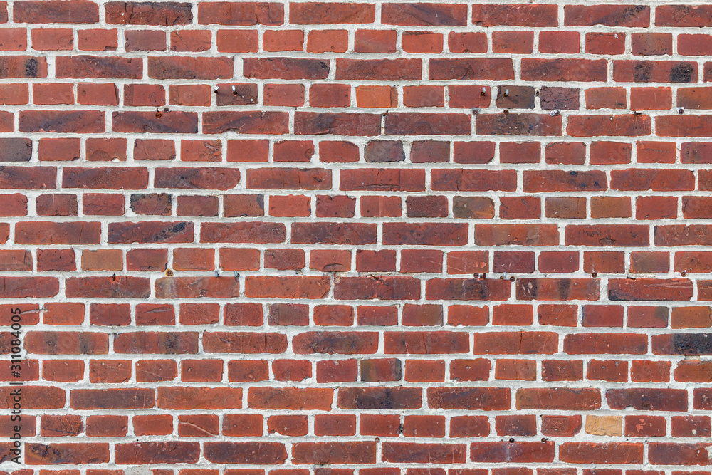 Alte verwitterte rote Backsteinwand mit kleinen Fehlern und hellen Beton Fugen, Textur oder Color Map für Game Assets oder als Textur Referenz Alte verwitterte rote Backsteinwand mit kleinen Fehlern und hellen Beton Fugen, Textur oder Color Map für Game Assets oder als Textur Referenz