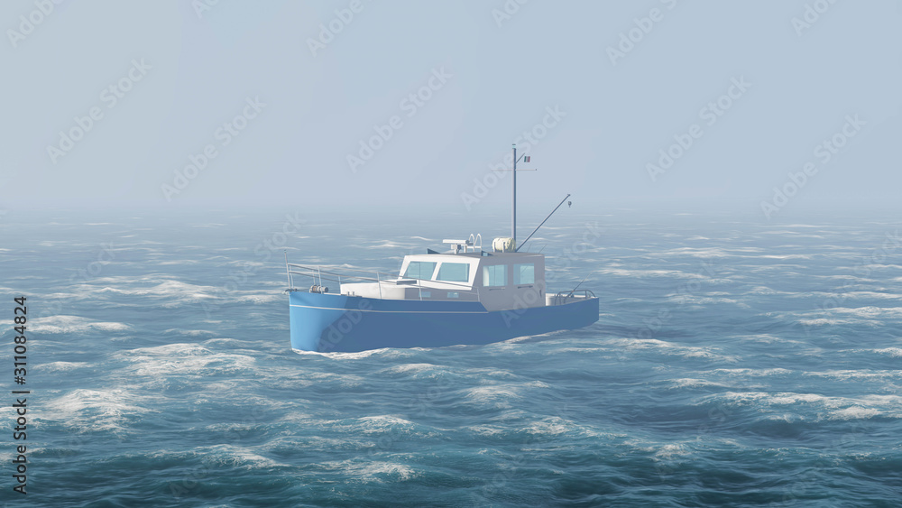 Naklejka premium Ship in Ocean, Sea Ship, 3D Rendering