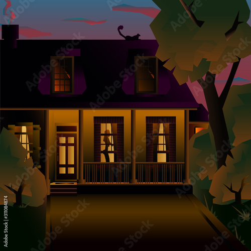 Night cozy two-story house with a porch. Vector art illustration of an american house.