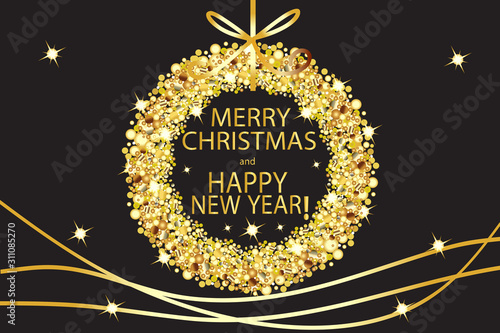 Merry christmas and happy new year glowing gold wreath background
