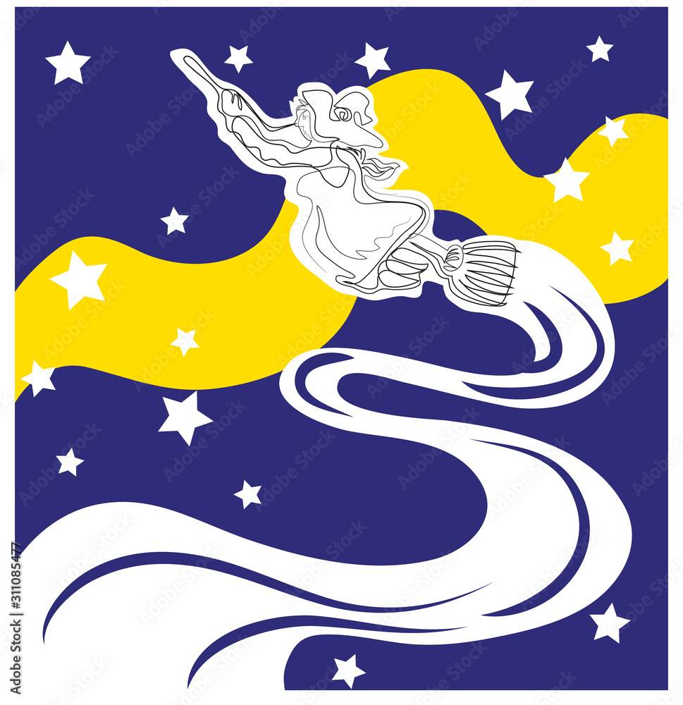 Simple line art drawing of flying witch, moon and stars. One continuous