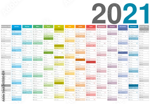 Calendrier 2021 14 mois avec vacances scolaires officielles au entièrement modifiable via calques et texte arial	
