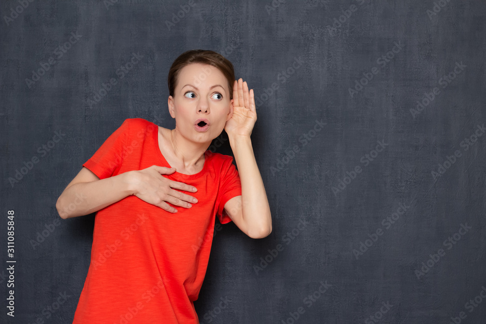 Portrait of shocked stunned girl eavesdropping secret conversation Portrait of shocked stunned girl eavesdropping secret conversation