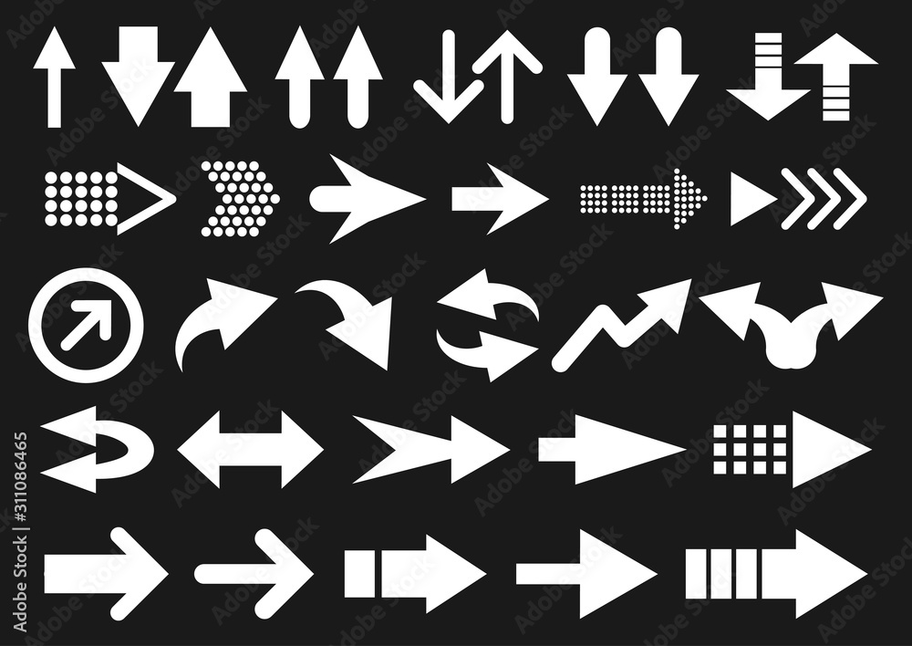 Vector set of arrow shapes isolated on black.
