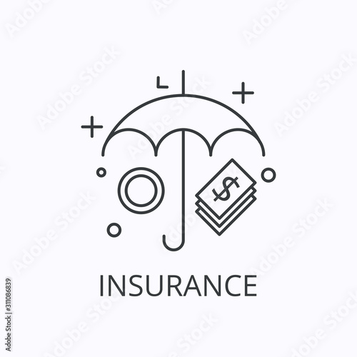 Umbrella and money thin line icon. Insurance concept. Outline vector illustration