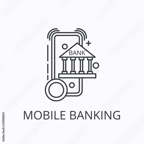 Smartphone and building thin line icon. Mobile banking concept. Outline vector illustration