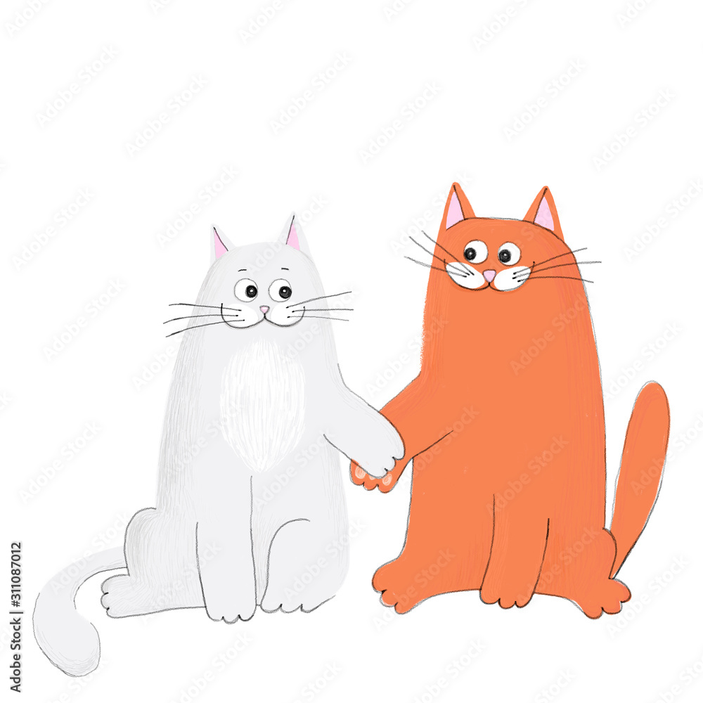 Greeting card with happy cat couple staying together and smiling. Christmas  cat's card. Hand-drawn style. Cartoon couple embracing lovers of cats.  Isolated on white background. Christmas cats Stock Illustration | Adobe  Stock