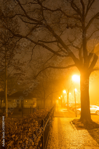 Thick Fog in the night Holesovice about River Vltava. Holesovice is the most cool Prague District  Czech Republic.