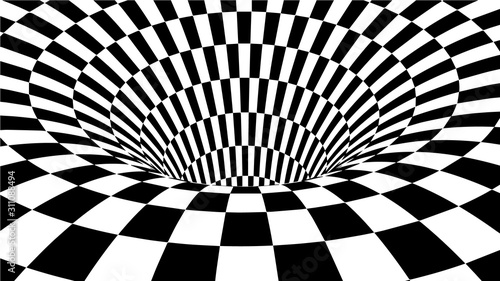 Optical illusion vector. Abstract vector tunnel. Black and White Abstract Hypnotic Wormhole Tunnel.