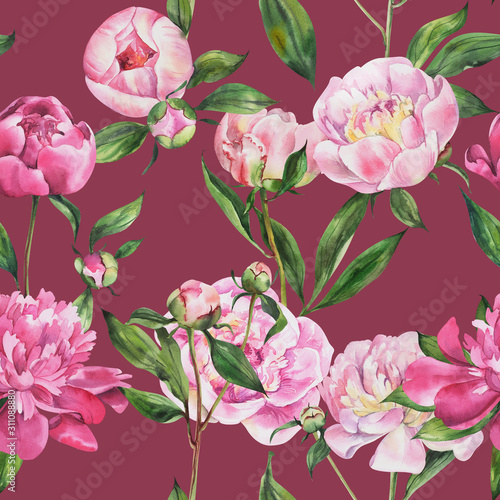 Seamless pattern with peonies, peony flowers, watercolor hand drawing. Fabric wallpaper print texture. Stock illustration.