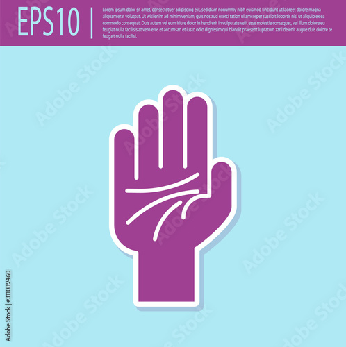 Retro purple Palmistry of the hand icon isolated on turquoise background.  Vector Illustration
