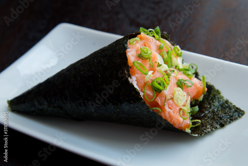 Tableau sur toile temaki, temaki cone-shaped sushi with raw salmon, yummy food, temaki, japanese f