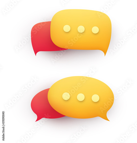 3d chat message speech bubble in yellow and red on a white background. Concept of discussion, dialogue, online support.