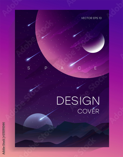 Abstract vector illustration of space, mountain landscape and planetary space for a poster, banner or background. Abstract drawings of the future, science fiction and astronomy. Vector EPS 10