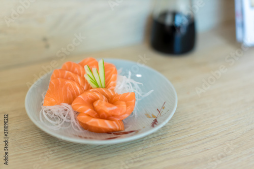Japanese foods sashimi (raw sliced fish, Japan of raw fresh fish fillet (sashimi) , Assorted Japanese sashimisalmon slice. 