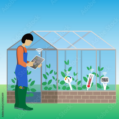 Internet of Things, IoT, use case in smart agriculture. Automation  enbled with 5G technology. Smart ph- hygro- and thermometers enables optimized plant conditions.