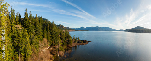 Beautiful Aerial Panoramic View of Kennedy Lake during a vibrant sunny day. Located on the West Coast of Vancouver Island near Tofino and Ucluelet, British Columbia, Canada.
