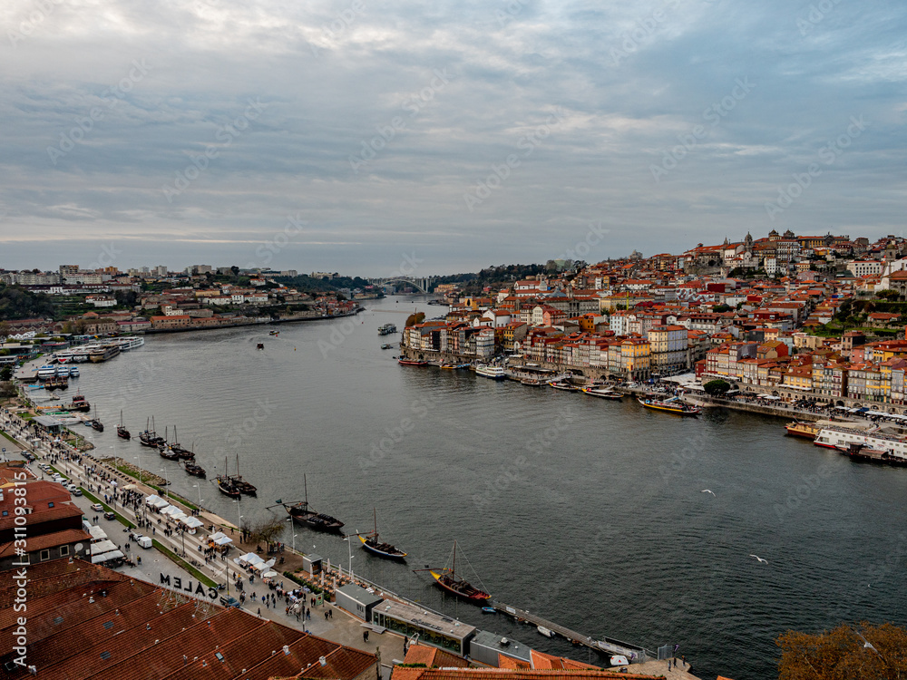 Porto, Portugal. 16 November 2019. River Douro at sunset seen from Ponte Luis I.