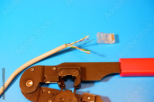 rj45 connectors on a blue background photo