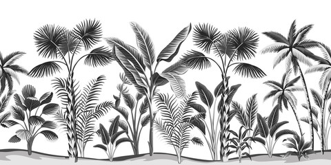 Fototapete Vintage botanische Landschaft Schwarz Weisse Palmen Bananenbäume Muster  © good_mood