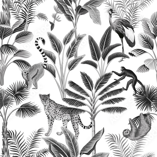 Tropical vintage botanical landscape, palm tree, sloth, monkey, leopard and crane floral seamless pattern white background. Exotic black and white jungle animal wallpaper.