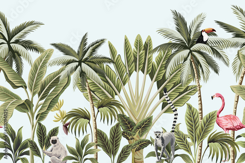 Tropical vintage animals, toucan, flamingo, palm trees, banana tree floral seamless border blue background. Exotic jungle wallpaper.