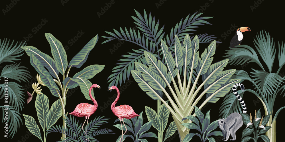 Tropical vintage wild animals, birds, palm tree, banana tree and plant  floral seamless border black background. Exotic jungle wallpaper. Stock  Vector | Adobe Stock
