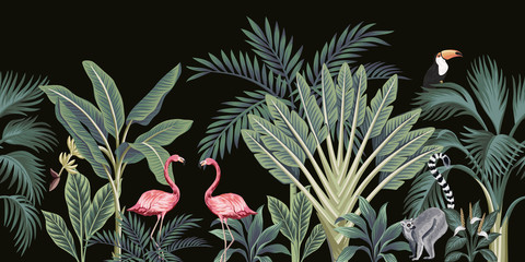 Fototapete Vintage botanische Landschaft Vintage Dschungel Vögel Palmen Schwarz  © good_mood