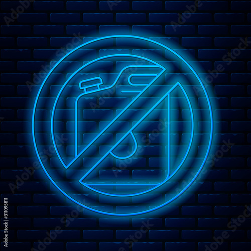 Glowing neon line No canister for gasoline icon isolated on brick wall background. Diesel gas icon. Vector Illustration