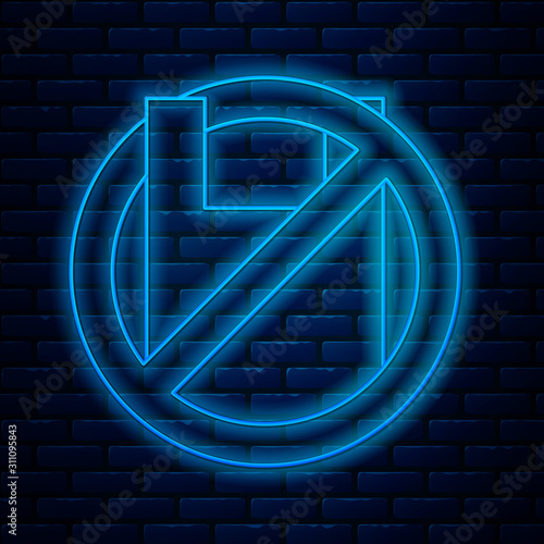 Glowing neon line Say no to plastic bags poster icon isolated on brick wall background. Disposable cellophane and polythene package prohibition sign. Vector Illustration