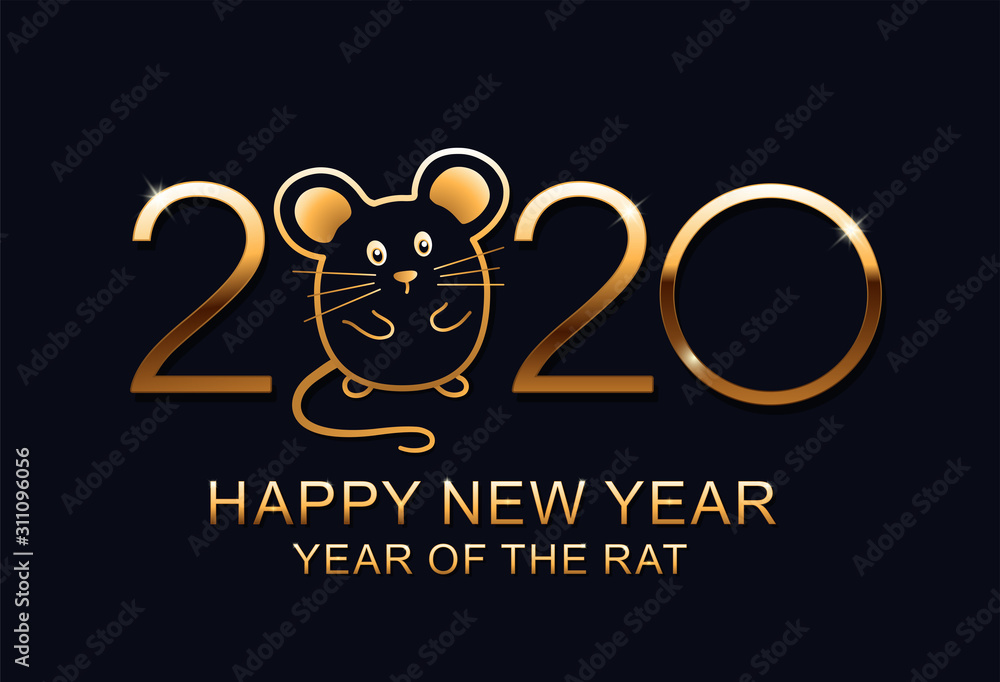 Happy New Year 2020 vector logo design. Happy new year with cute mouse rat. Chinese New Year. Vector illustration. Isolated on blue background. Happy New Year 2020 vector logo design. Happy new year with cute mouse rat. Chinese New Year. Vector illustration. Isolated on blue background.