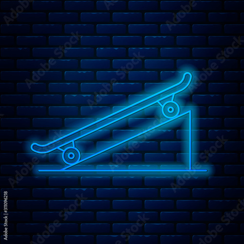 Glowing neon line Skateboard on street ramp icon isolated on brick wall background. Extreme sport. Sport equipment. Vector Illustration