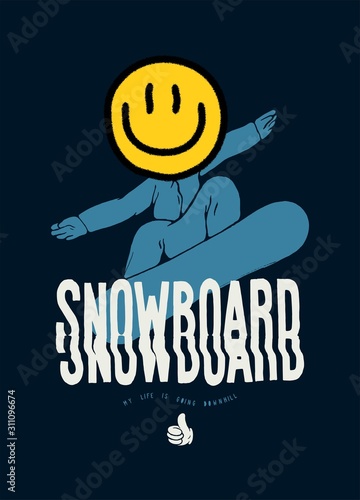 Snowboarder with a smile face t-shirt print design. Vector illustration.