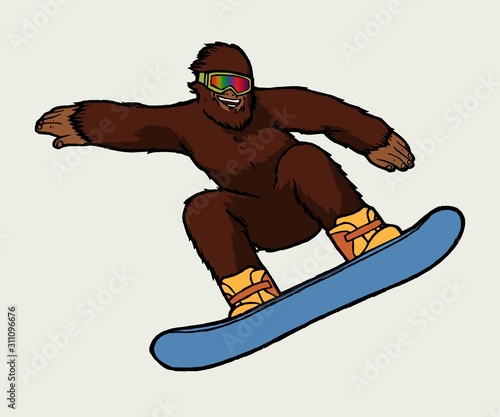 Bigfoot snowboarder. Snowman character riding snowboard vector illustration.