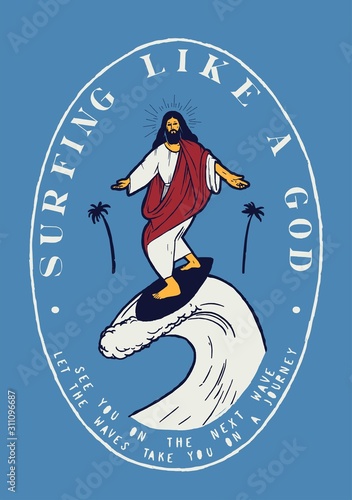 Canvas Print Jesus surfing like a god